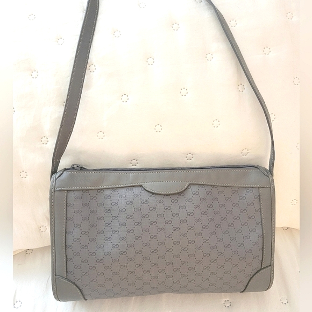 Vintage Gucci Micro GG Crossbody Shoulder Bag Grey Coated Canvas Leather